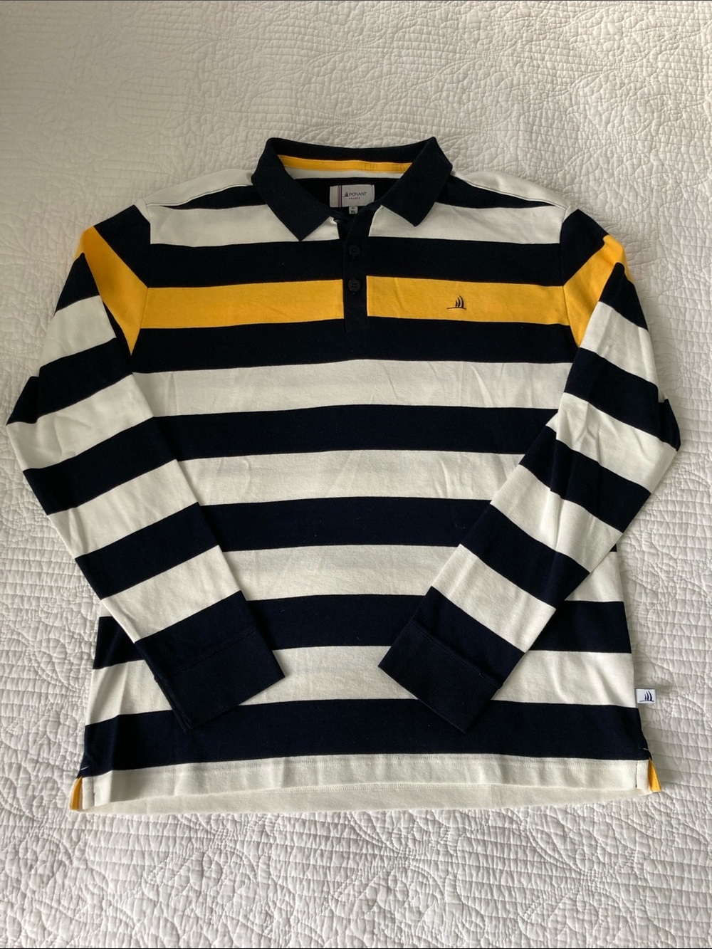 Striped Long-Sleeve Polo in Navy, White & Yellow XL